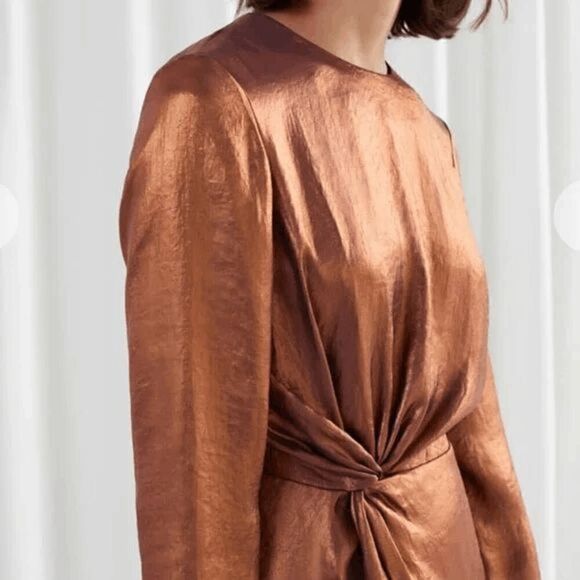 & Other Stories Metallic Shiny Satin Bronze Gold Mini Dress Size 2 NWT - Picture 10 of 10